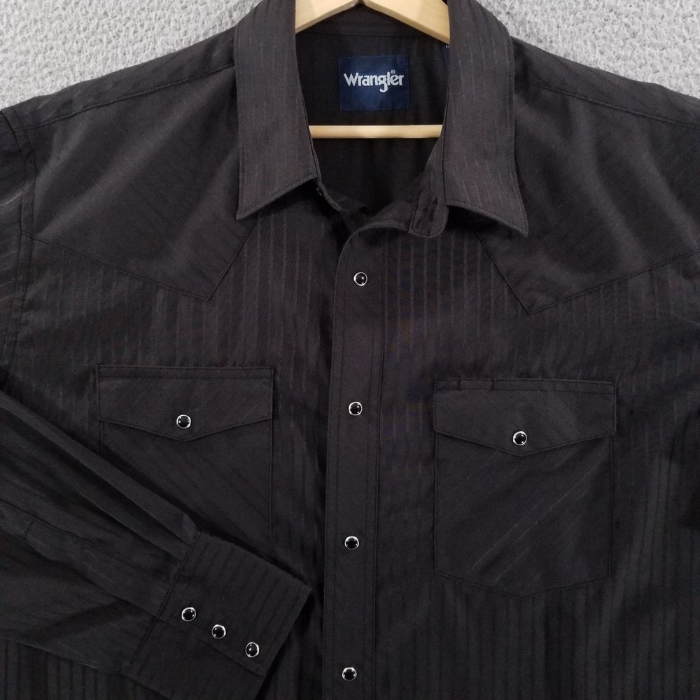 Wrangler Pearl Snap Shirt XL Black Dobby Striped Sport Western Rockabilly Rodeo